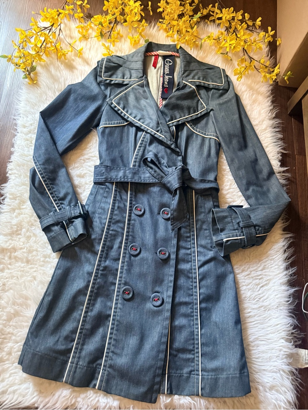 Guess Dark Blue Denim Trench Coat with Cream Piping
